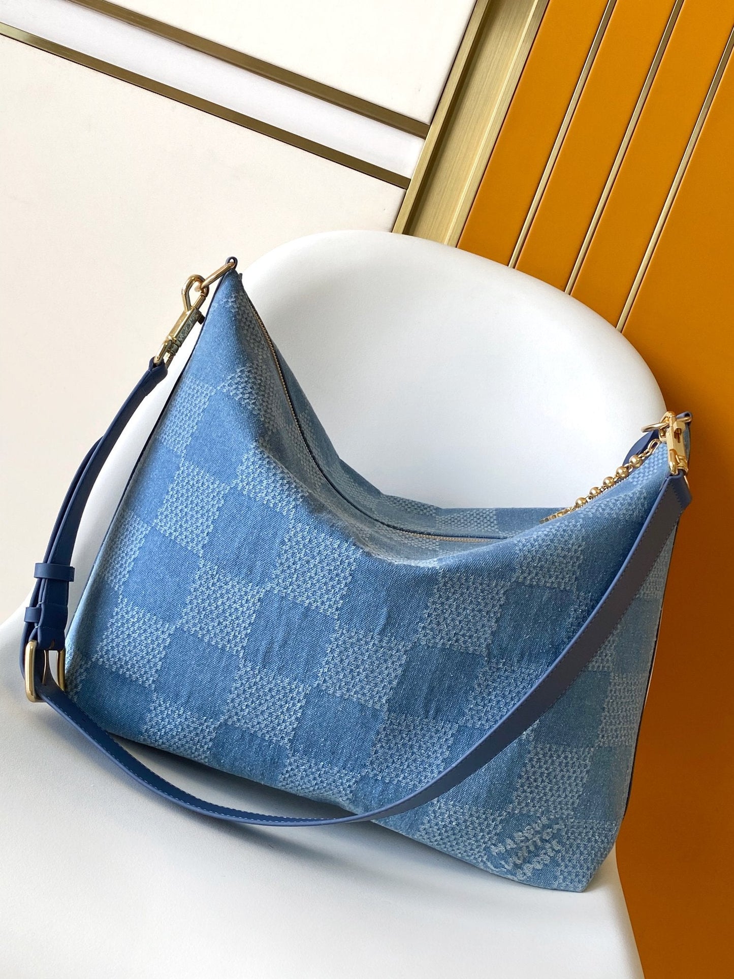 LV Vagabond Hobo 38cm Blue Cotton with 3D Damier Denim GHW mysite