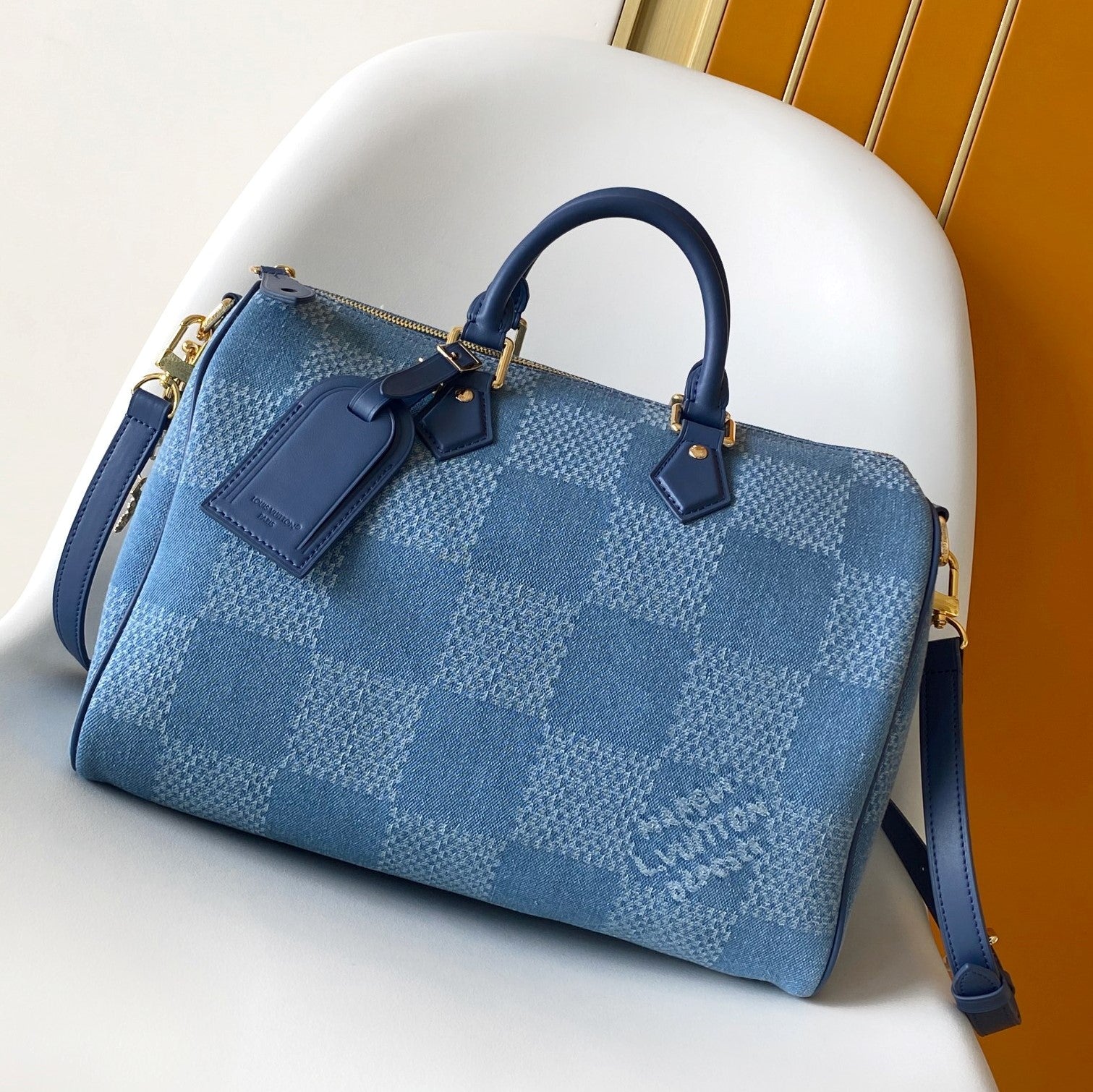 LV Speedy 30 Bandoulière Blue Cotton with 3D Damier Denim GHW mysite