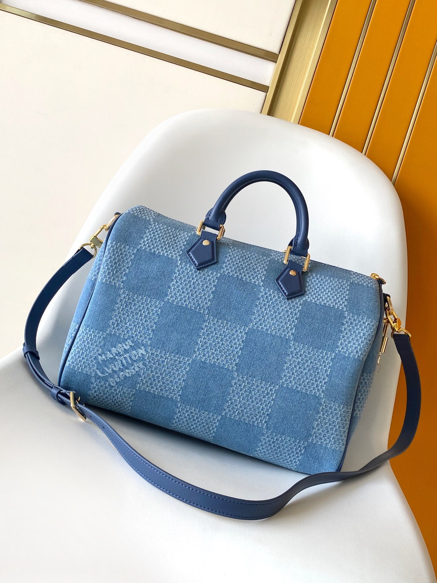 LV Speedy 30 Bandoulière Blue Cotton with 3D Damier Denim GHW mysite