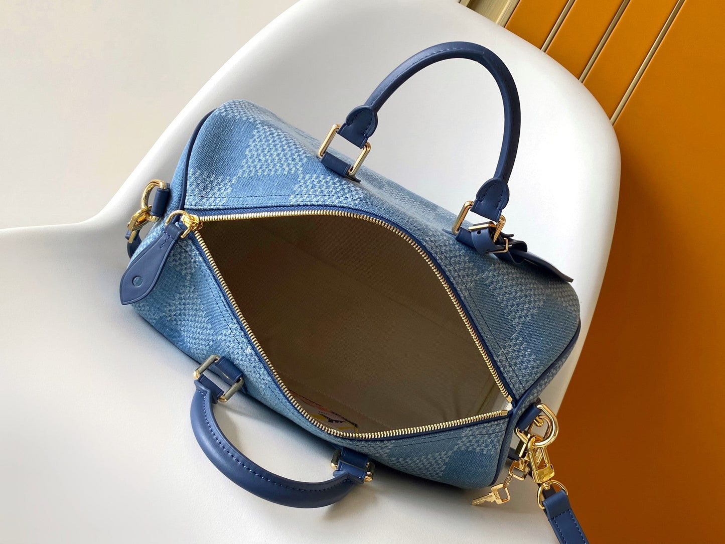 LV Speedy 30 Bandoulière Blue Cotton with 3D Damier Denim GHW mysite