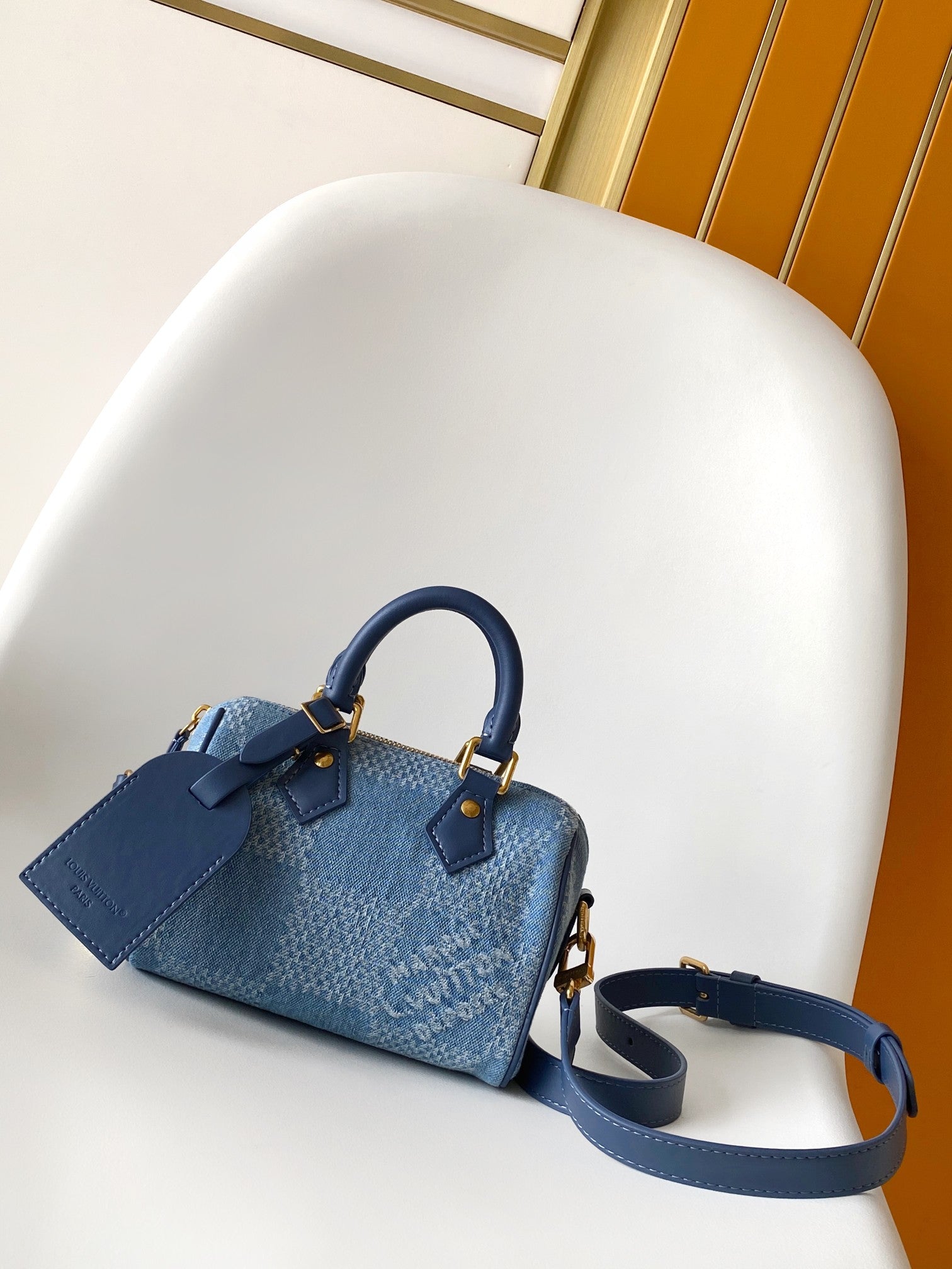 LV Speedy 18 Bandoulière Blue Cotton with 3D Damier Denim GHW mysite