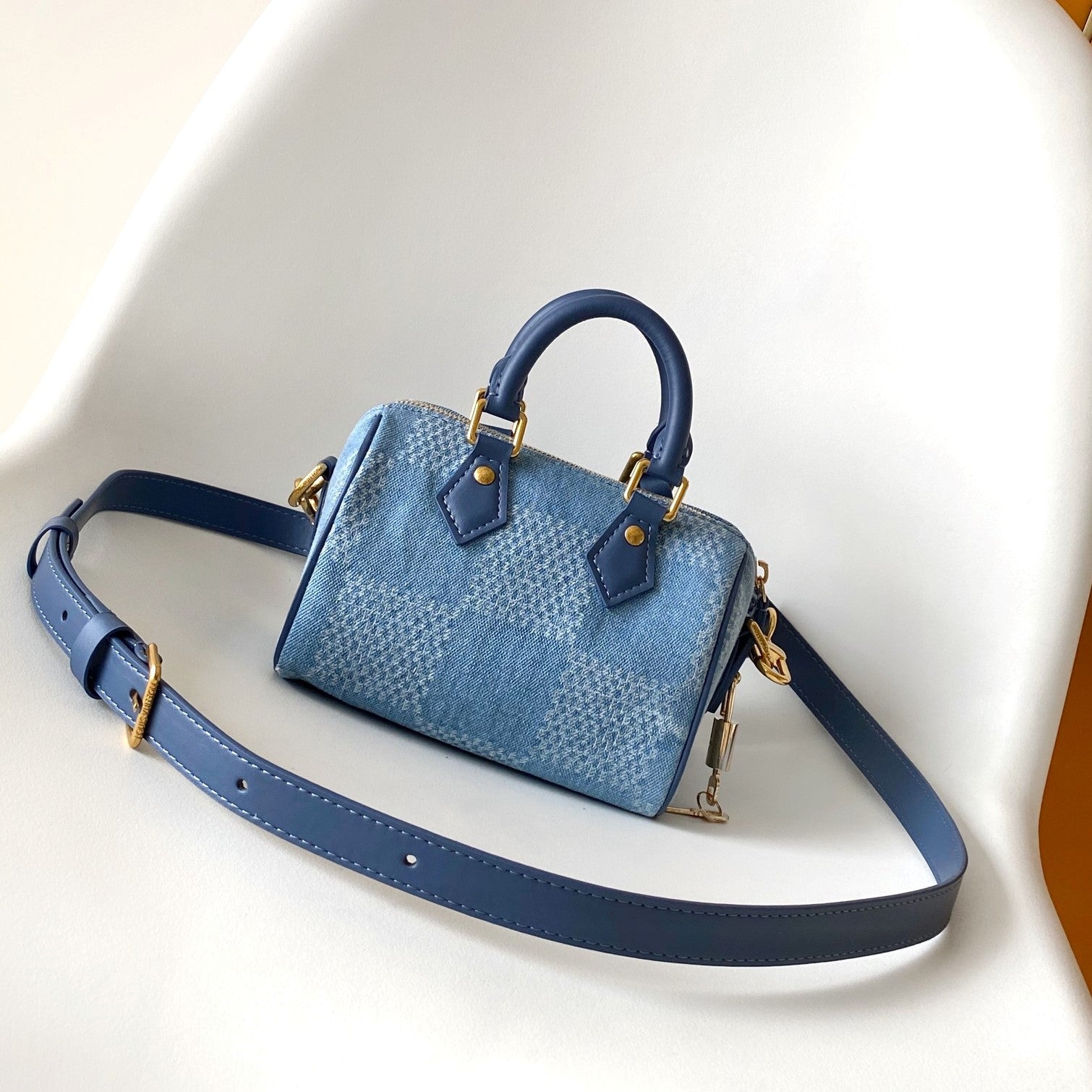 LV Speedy 18 Bandoulière Blue Cotton with 3D Damier Denim GHW mysite