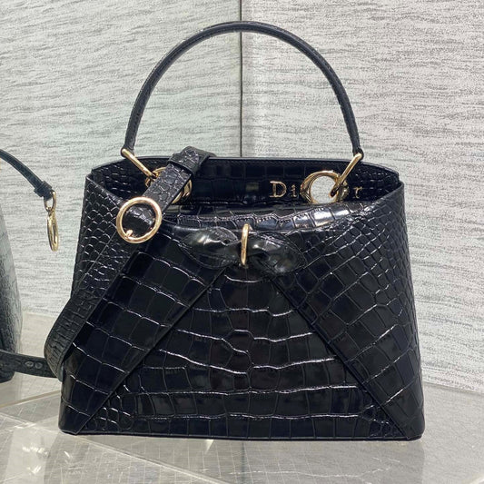 CD 26SS Bow-Adorned Bag Black Glossy Crocodile Pattern Embossed Calfskin 272521 mysite