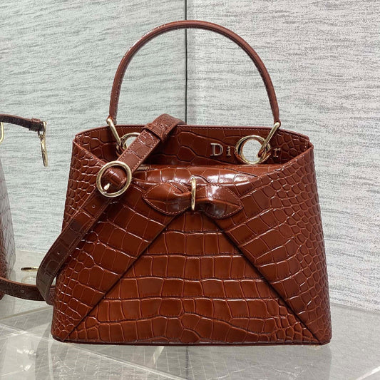 CD 26SS Bow-Adorned Bag Brown Glossy Crocodile Pattern Embossed Calfskin 272523 mysite