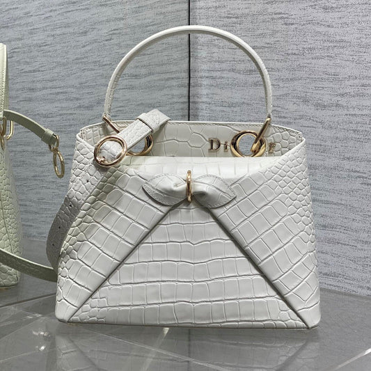 CD 26SS Bow-Adorned Bag White Glossy Crocodile Pattern Embossed Calfskin 272525 mysite