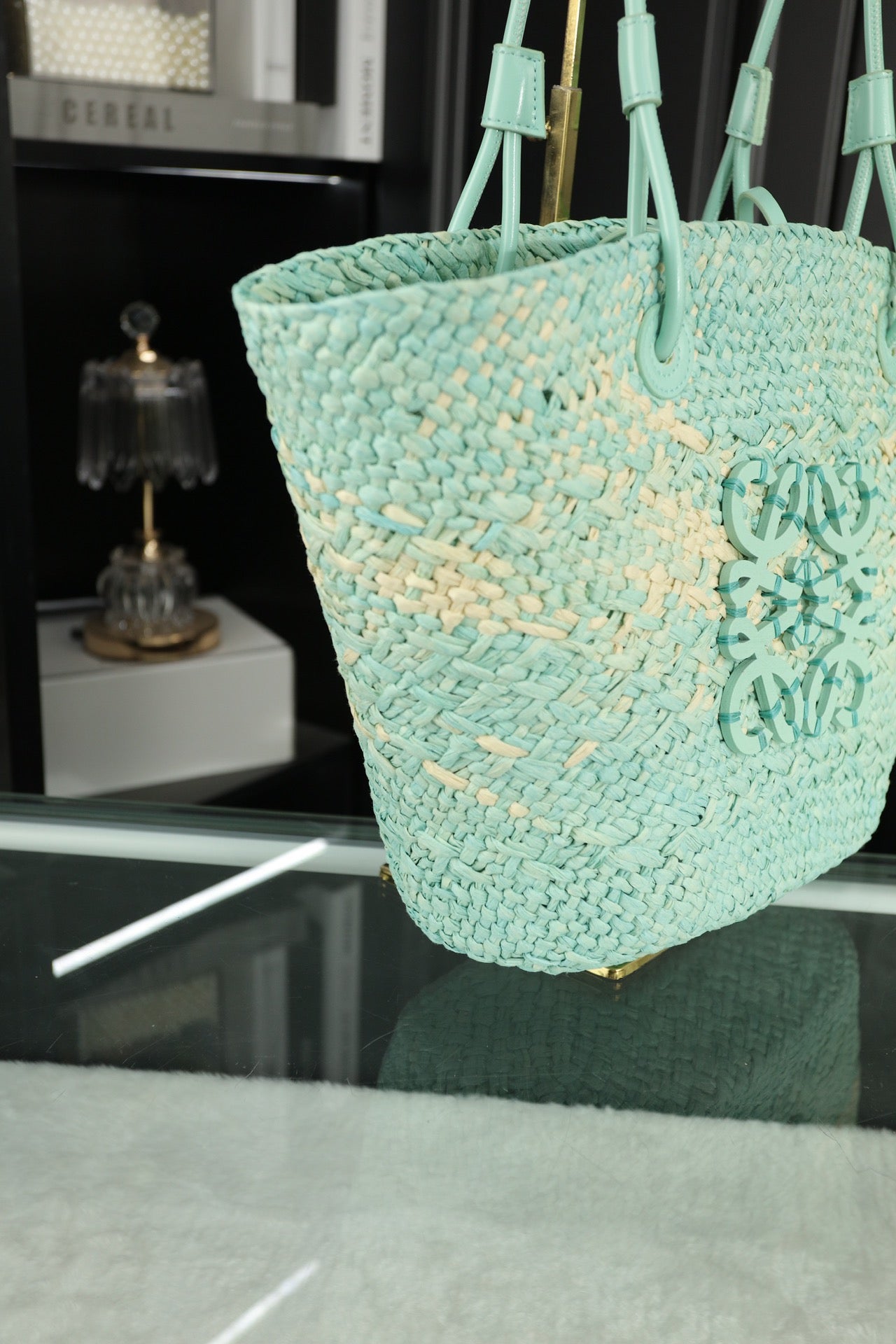 LOE SMALL ANAGRAM BASKET 28 BAG IN LIGHT BLUE IRACA PALM AND CALFSKIN mysite