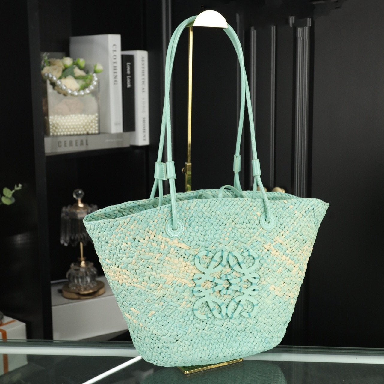 LOE SMALL ANAGRAM BASKET 28 BAG IN LIGHT BLUE IRACA PALM AND CALFSKIN mysite