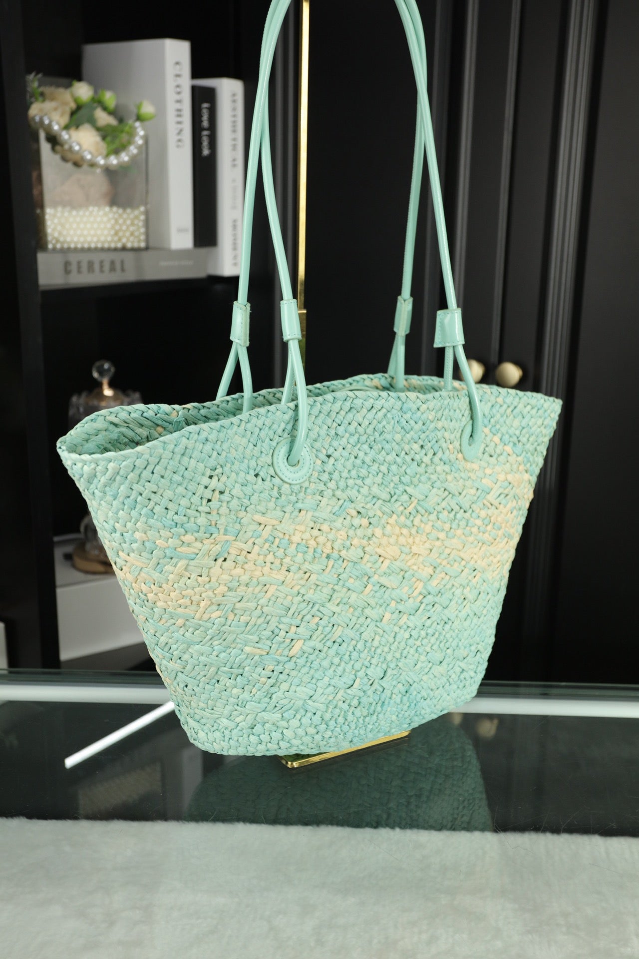 LOE SMALL ANAGRAM BASKET 28 BAG IN LIGHT BLUE IRACA PALM AND CALFSKIN mysite
