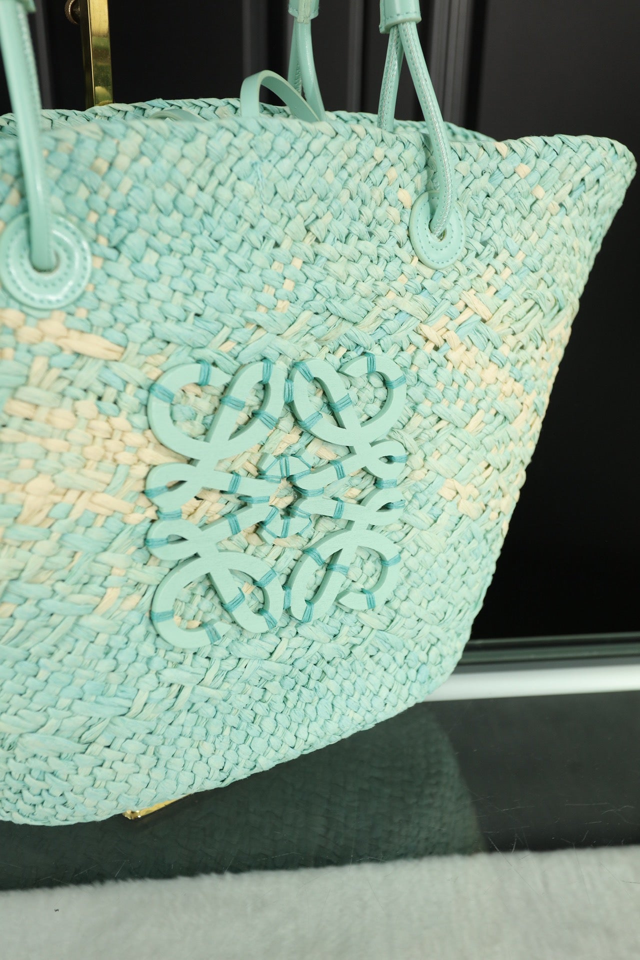 LOE SMALL ANAGRAM BASKET 28 BAG IN LIGHT BLUE IRACA PALM AND CALFSKIN mysite