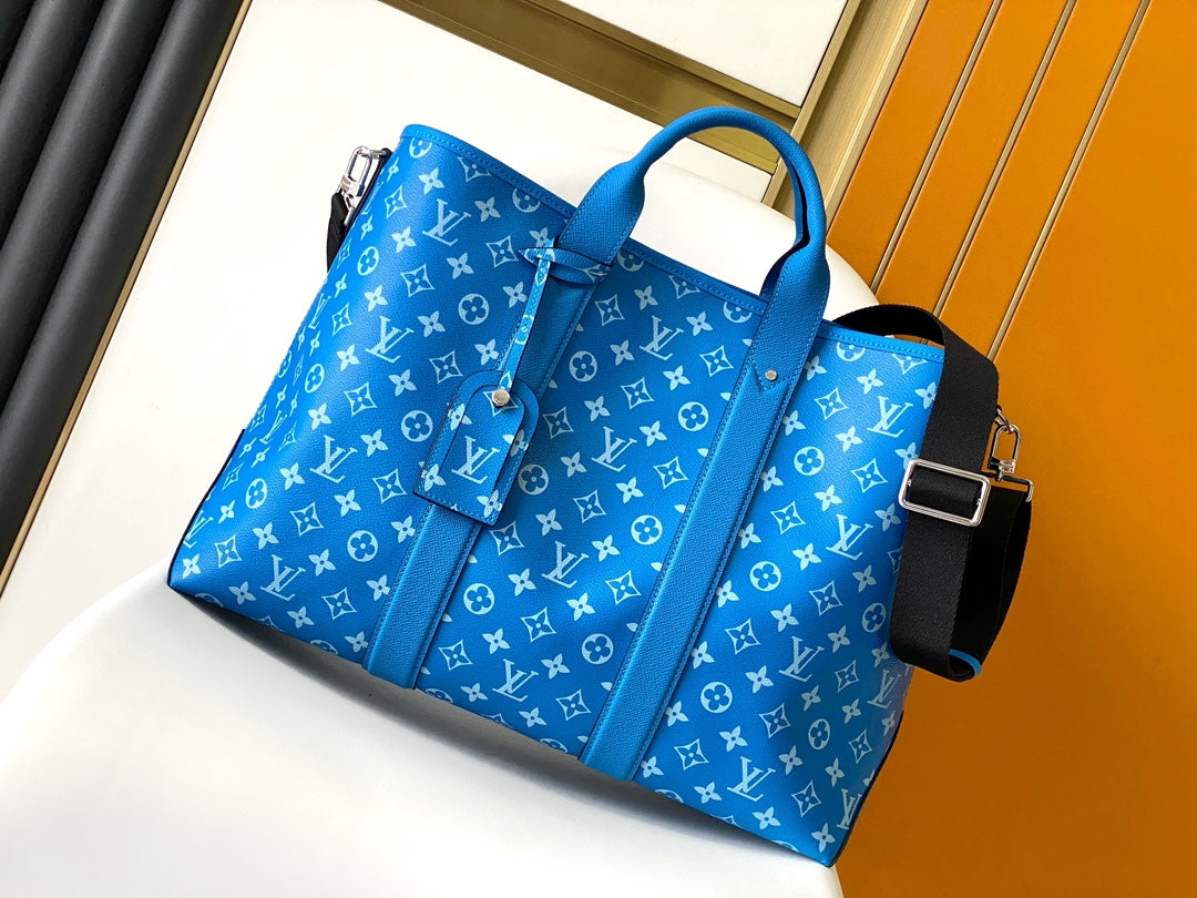 LV The Weekend Tote Bag 43cm Blue Monogram Canvas & Taïga Leather mysite