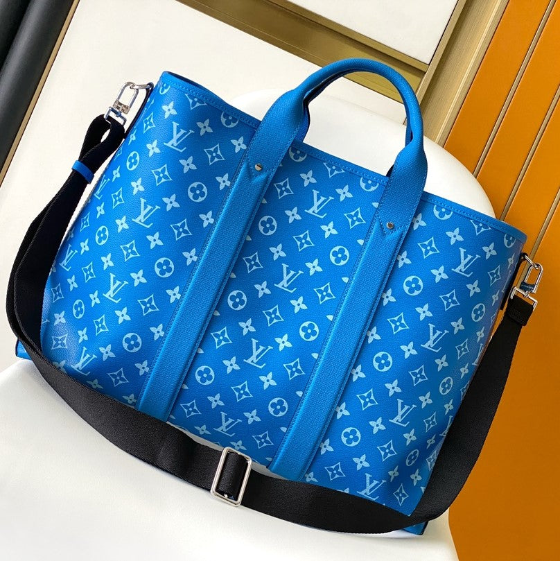 LV The Weekend Tote Bag 43cm Blue Monogram Canvas & Taïga Leather mysite