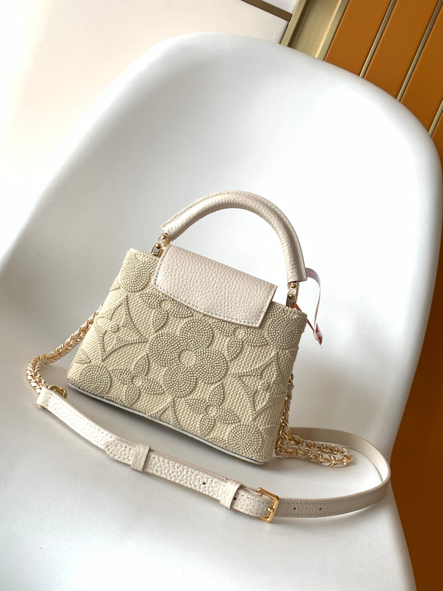 LV Capucine Mini Bag 21cm Vanilla Cotton Canvas Embroidered Pattern GHW mysite