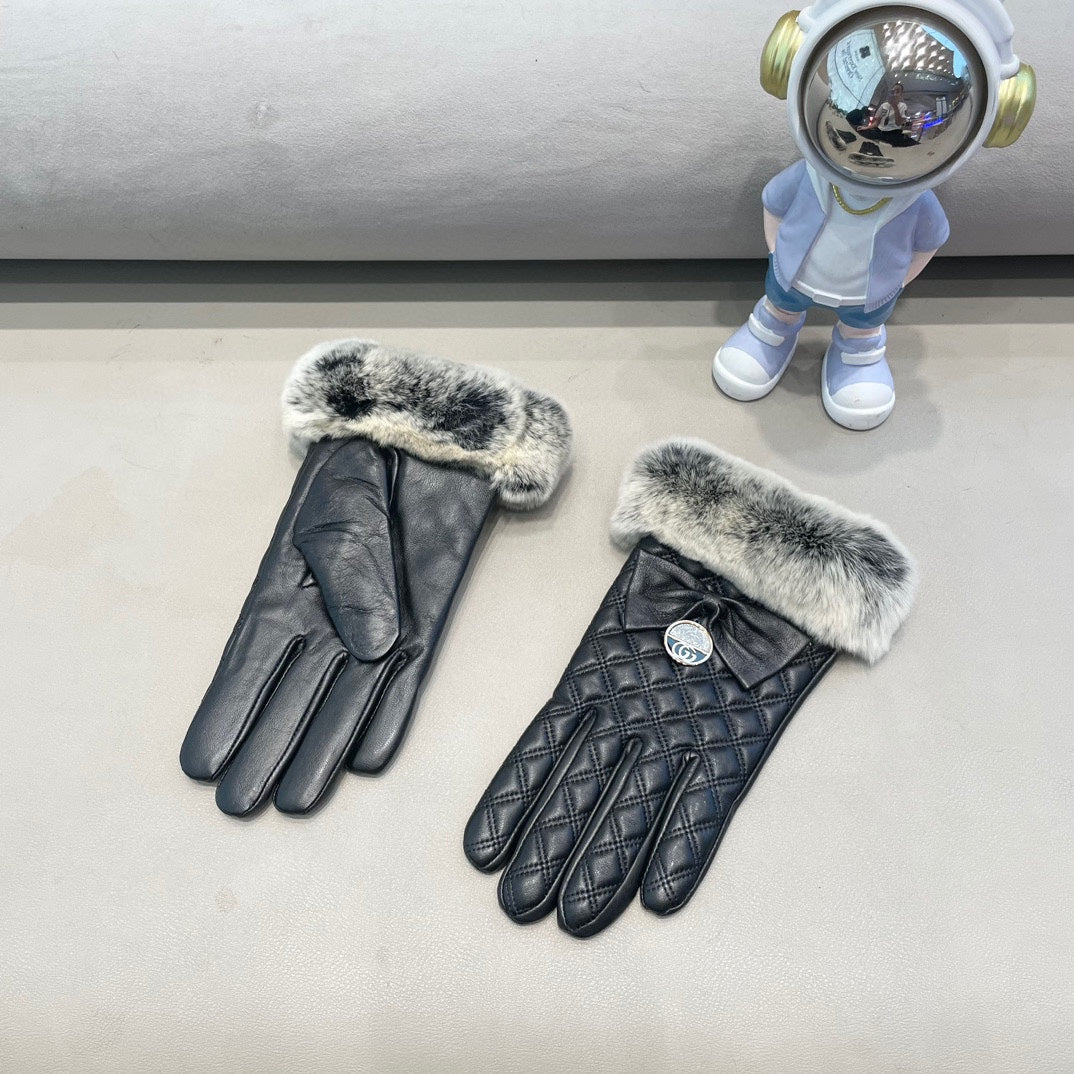 TOUCHSCREEN GLOVES WITH BOW IN BLACK RABBIT FUR MIX LAMBSKIN 463796 mysite