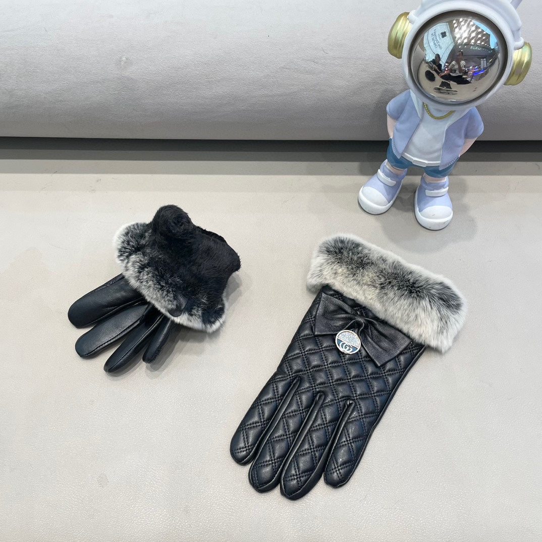 TOUCHSCREEN GLOVES WITH BOW IN BLACK RABBIT FUR MIX LAMBSKIN 463796 mysite