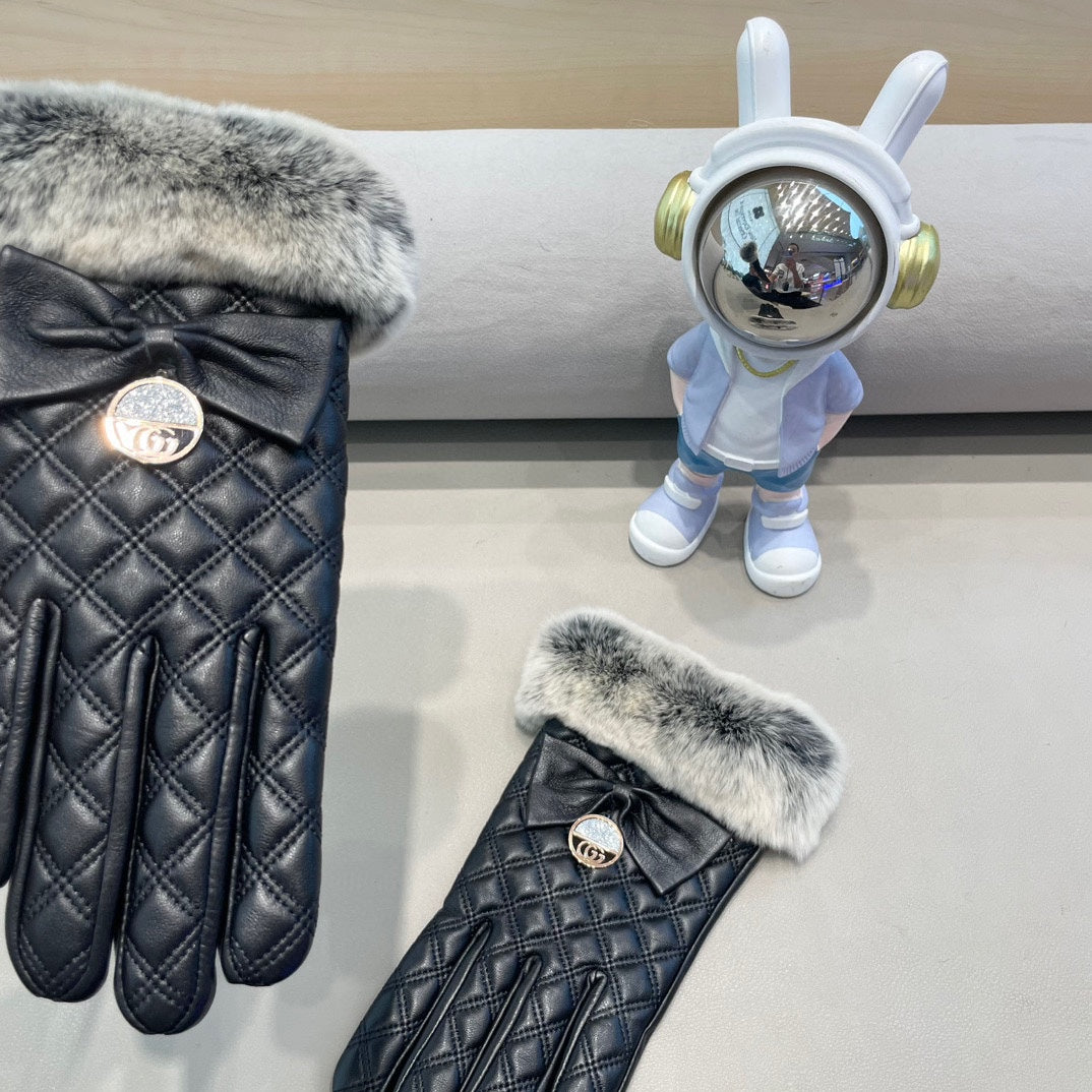 TOUCHSCREEN GLOVES WITH BOW IN BLACK RABBIT FUR MIX LAMBSKIN 463796 mysite