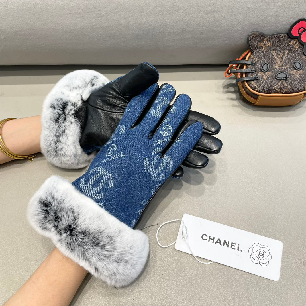 GLOVES IN NAVY BLUE DENIM AND BLACK CALFSKIN 463798 mysite