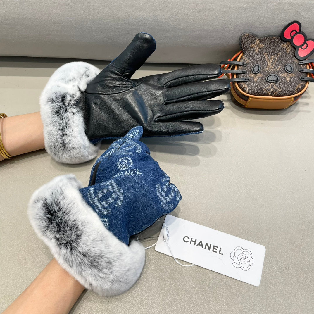 GLOVES IN NAVY BLUE DENIM AND BLACK CALFSKIN 463798 mysite