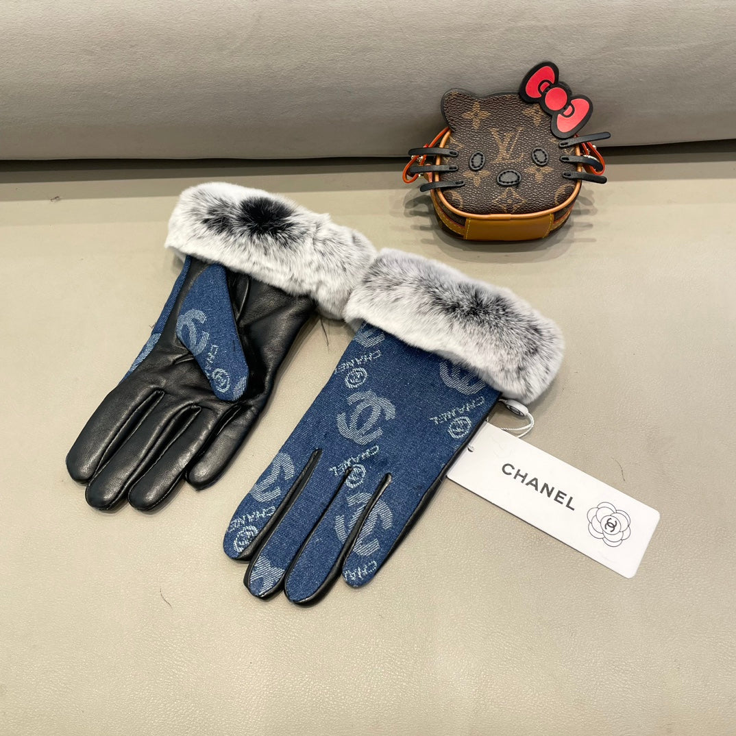 GLOVES IN NAVY BLUE DENIM AND BLACK CALFSKIN 463798 mysite