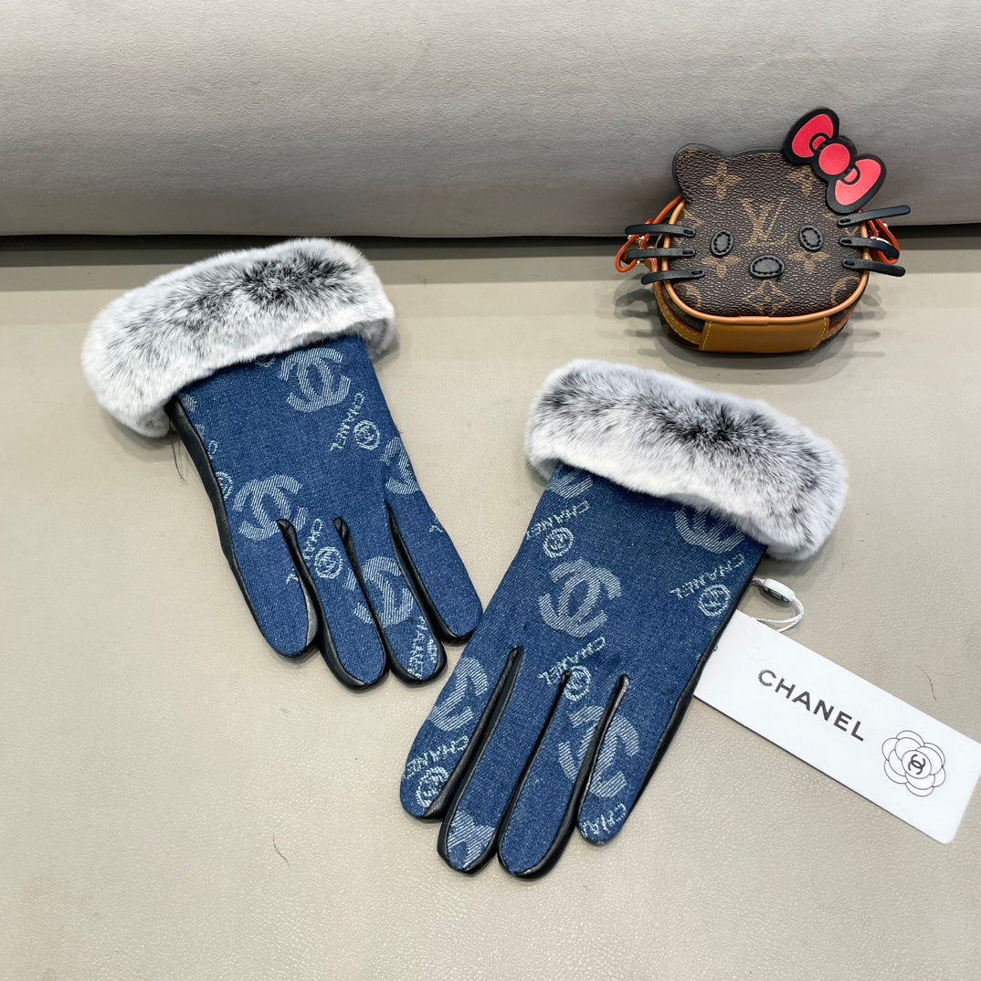 GLOVES IN NAVY BLUE DENIM AND BLACK CALFSKIN 463798 mysite
