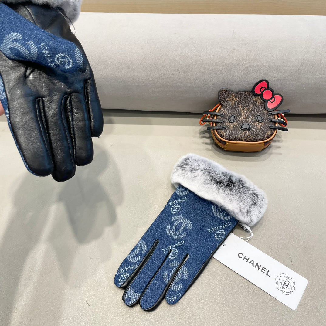 GLOVES IN NAVY BLUE DENIM AND BLACK CALFSKIN 463798 mysite