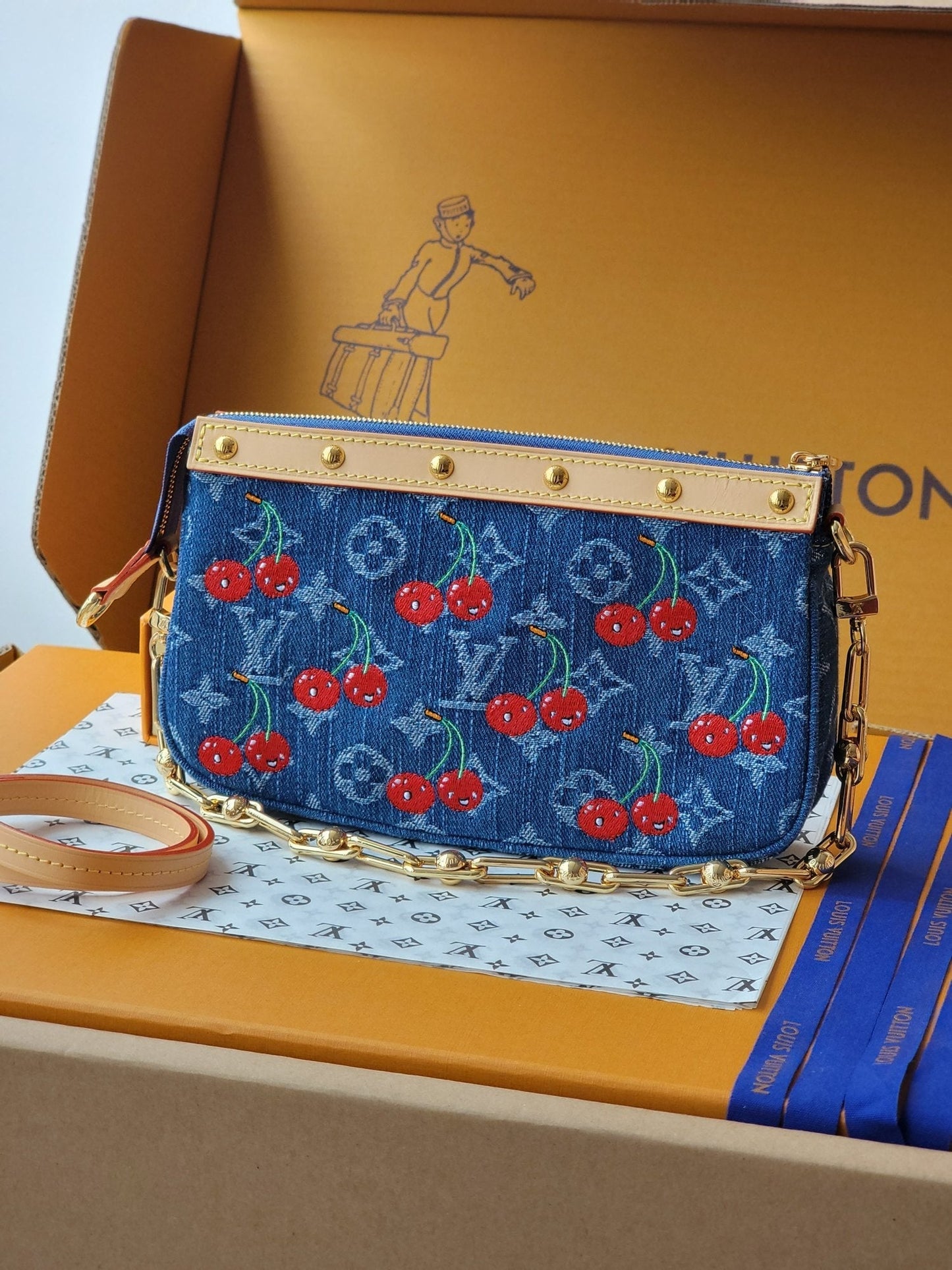 LV x TM M13994 Pochette Accessoires 22cm Blue Monogram Denim With Cherry Motif GHW mysite
