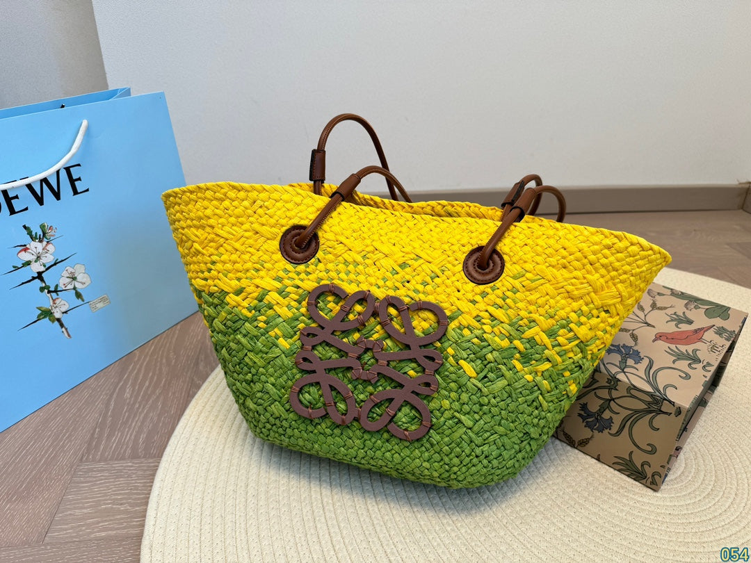 LOE SMALL ANAGRAM BASKET 28 BAG IN YELLOW MIX GREEN IRACA PALM AND CALFSKIN mysite