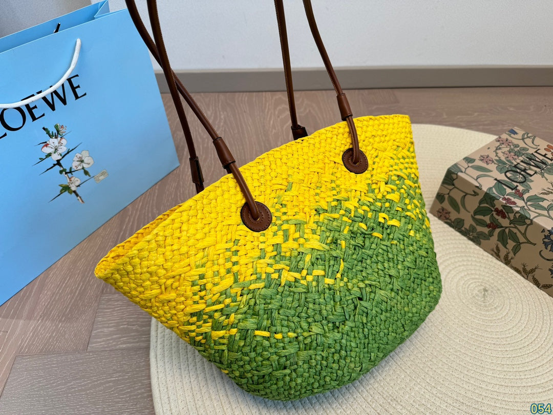LOE SMALL ANAGRAM BASKET 28 BAG IN YELLOW MIX GREEN IRACA PALM AND CALFSKIN mysite