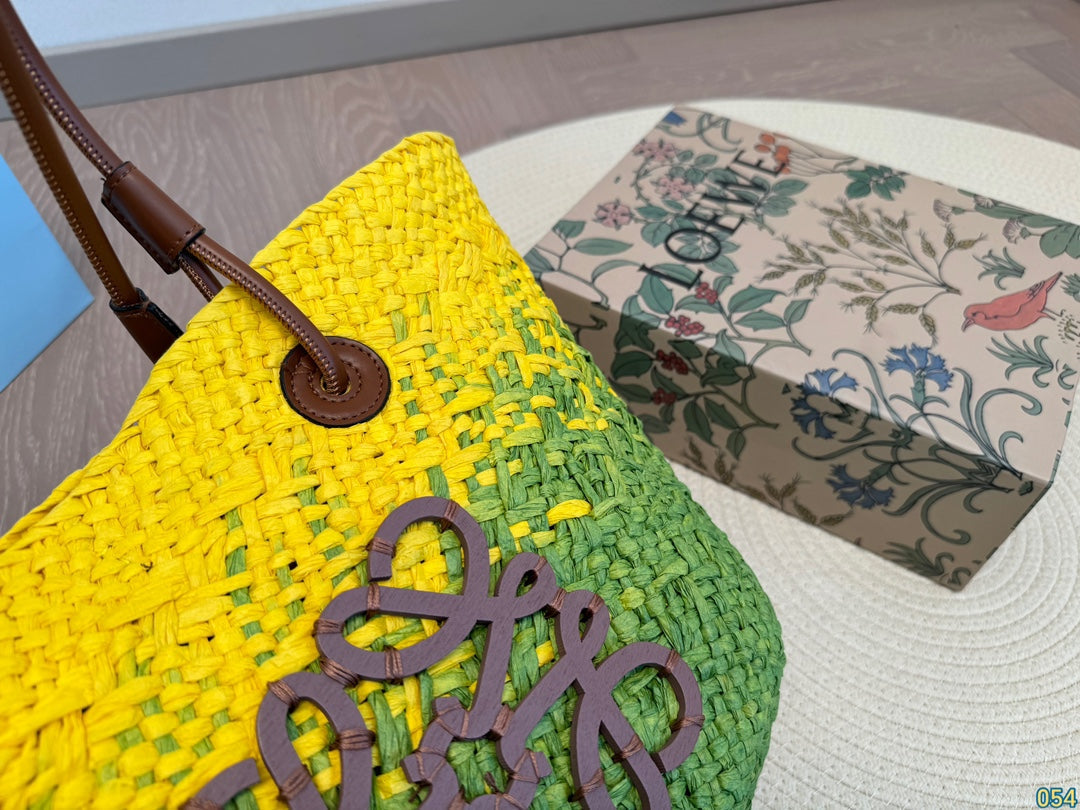 LOE SMALL ANAGRAM BASKET 28 BAG IN YELLOW MIX GREEN IRACA PALM AND CALFSKIN mysite
