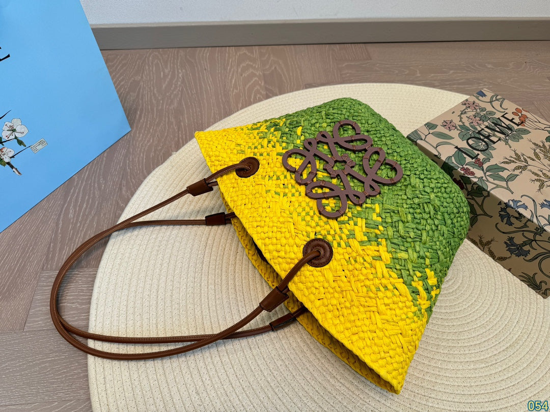 LOE SMALL ANAGRAM BASKET 28 BAG IN YELLOW MIX GREEN IRACA PALM AND CALFSKIN mysite