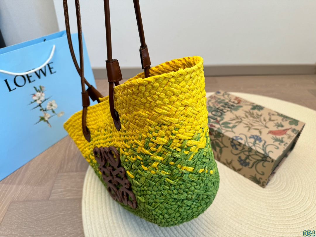 LOE SMALL ANAGRAM BASKET 28 BAG IN YELLOW MIX GREEN IRACA PALM AND CALFSKIN mysite