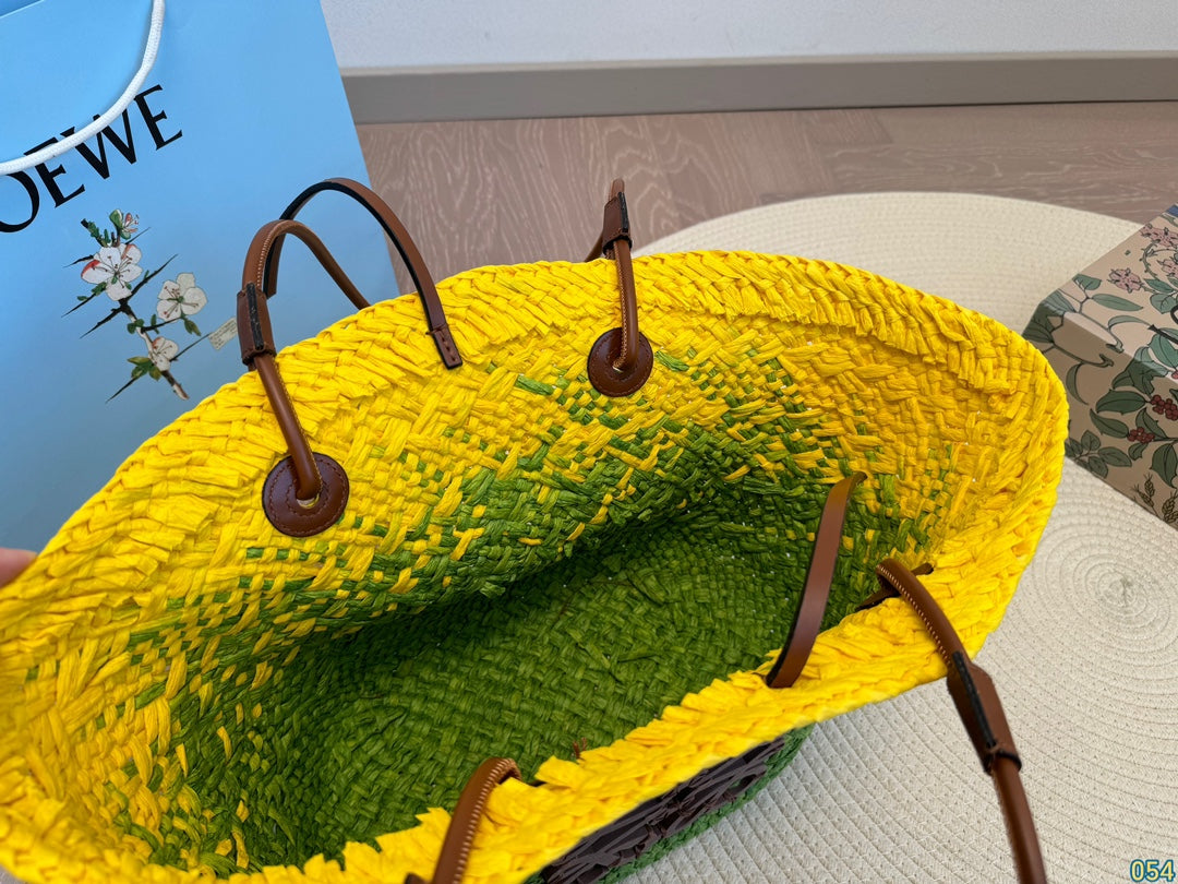 LOE SMALL ANAGRAM BASKET 28 BAG IN YELLOW MIX GREEN IRACA PALM AND CALFSKIN mysite