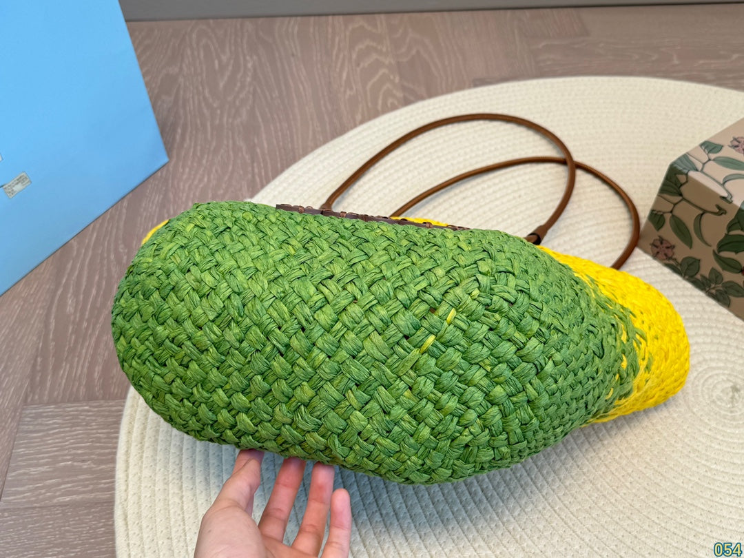 LOE SMALL ANAGRAM BASKET 28 BAG IN YELLOW MIX GREEN IRACA PALM AND CALFSKIN mysite