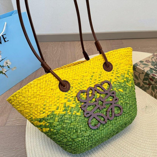 LOE SMALL ANAGRAM BASKET 28 BAG IN YELLOW MIX GREEN IRACA PALM AND CALFSKIN mysite