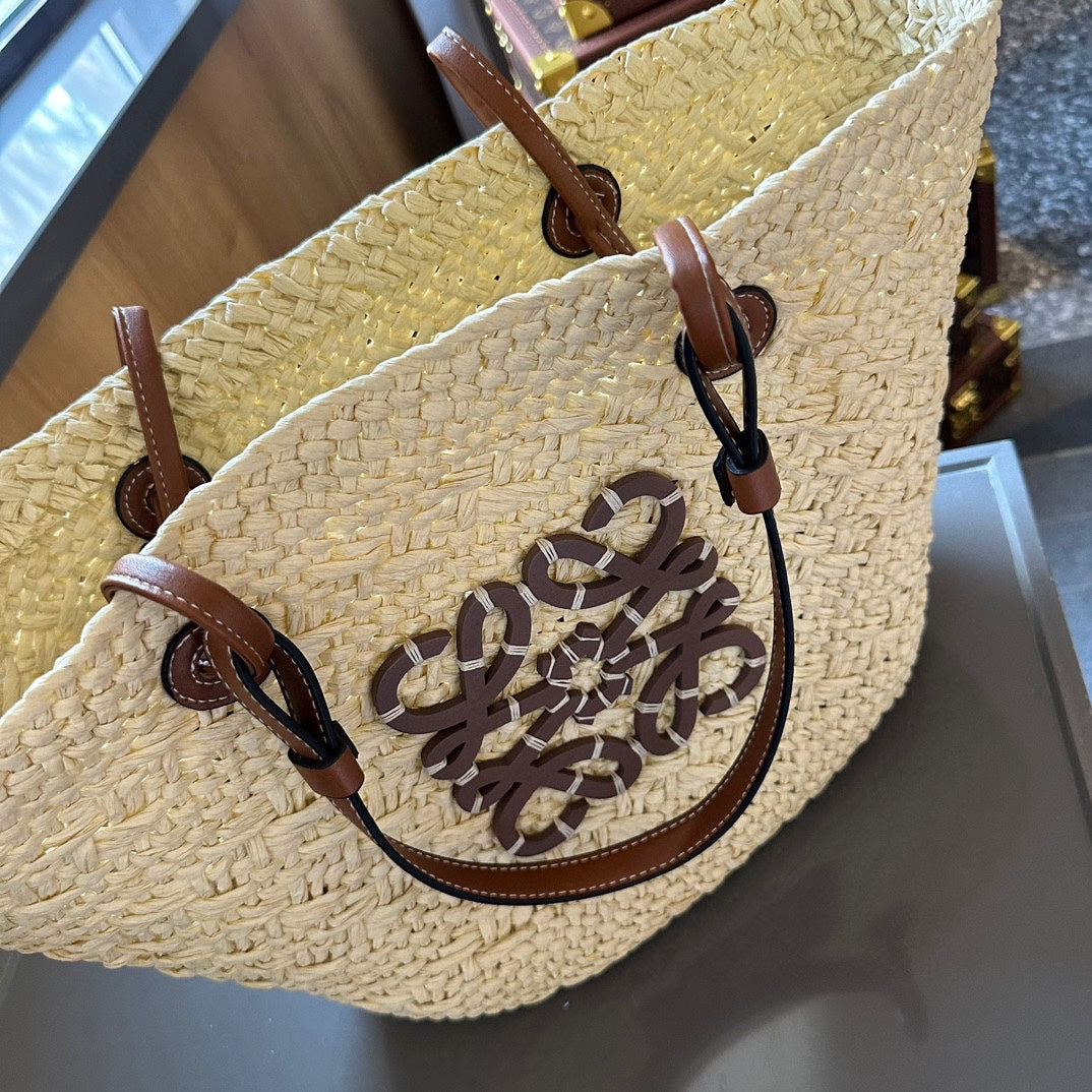 LOE SMALL ANAGRAM BASKET 28 BAG IN NATURAL MIX BROWN IRACA PALM AND CALFSKIN mysite