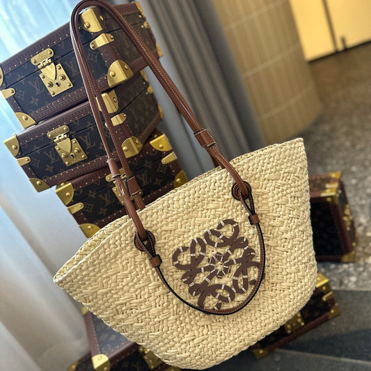 LOE SMALL ANAGRAM BASKET 28 BAG IN NATURAL MIX BROWN IRACA PALM AND CALFSKIN mysite