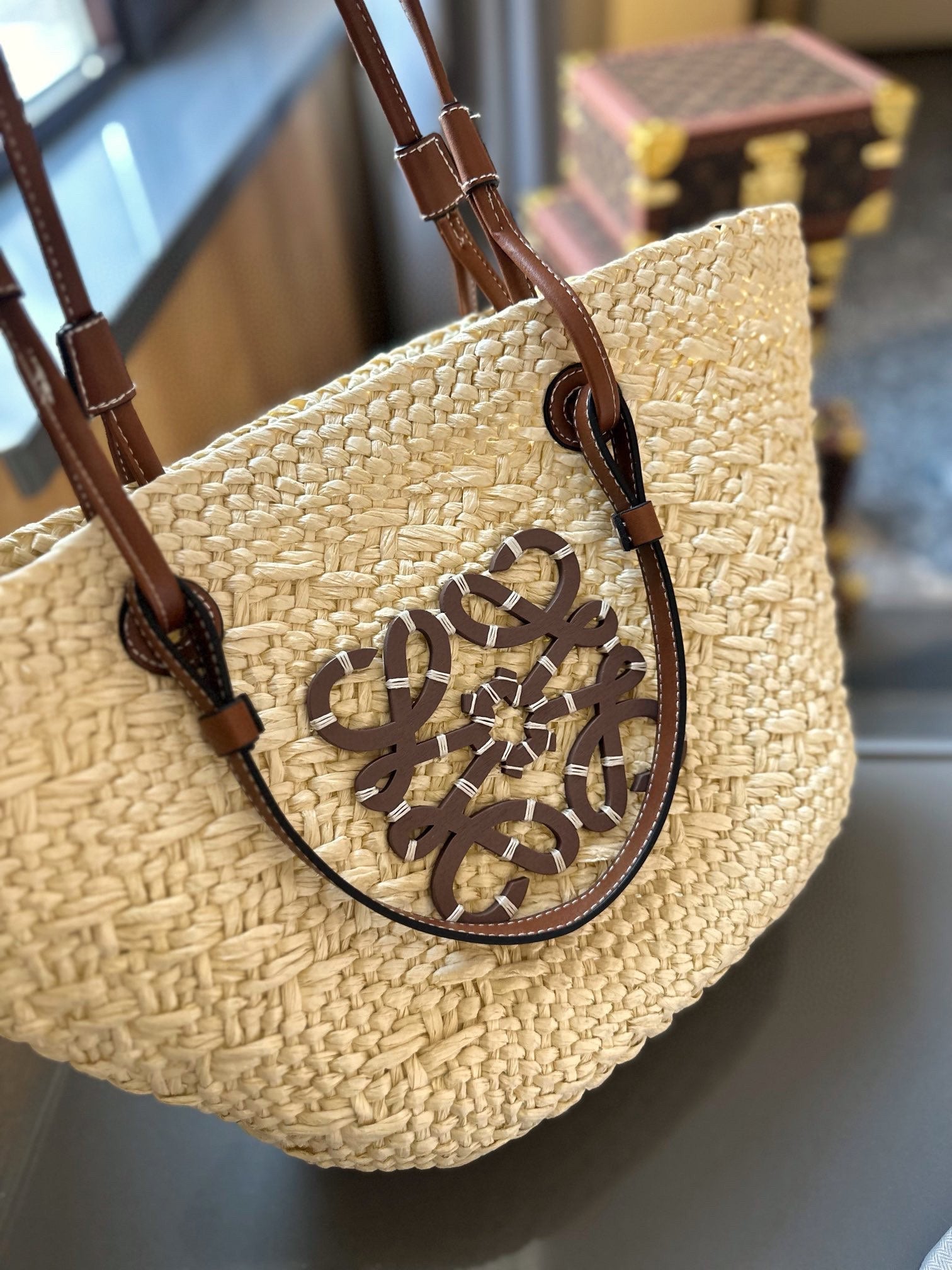 LOE SMALL ANAGRAM BASKET 28 BAG IN NATURAL MIX BROWN IRACA PALM AND CALFSKIN mysite