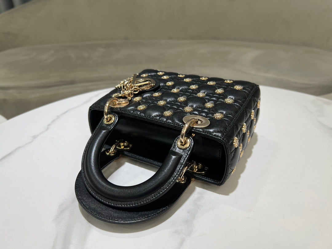 CD Lady Dior Black Cannage Lambskin with Gold-Finish Butterfly Studs mysite