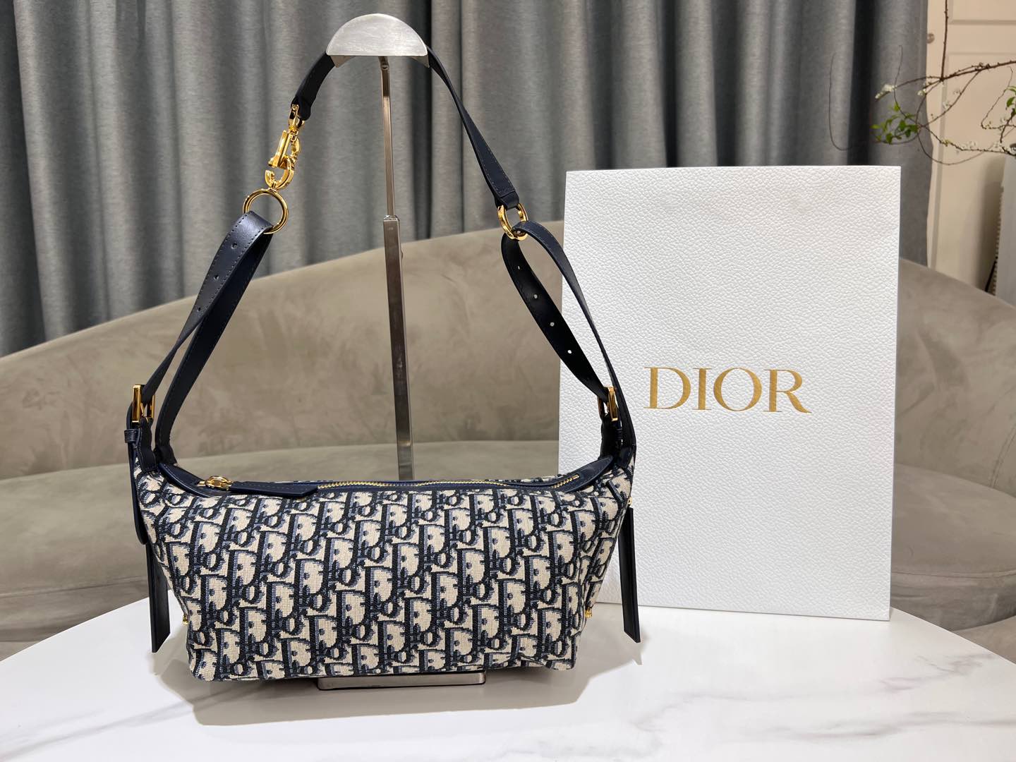 CD Jacquard Hobo Bag 23 With Chain Dark Blue White Canvas mysite