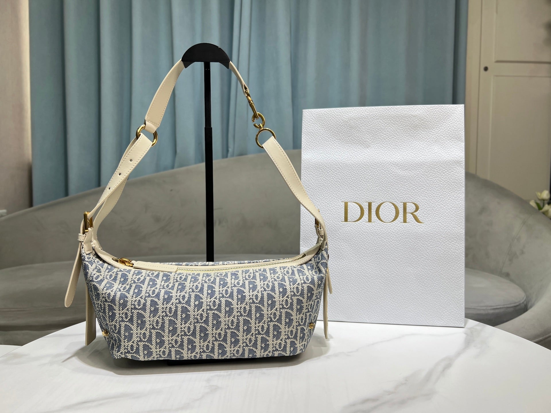 CD Jacquard Hobo Bag 26 With Chain Blue White Canvas mysite