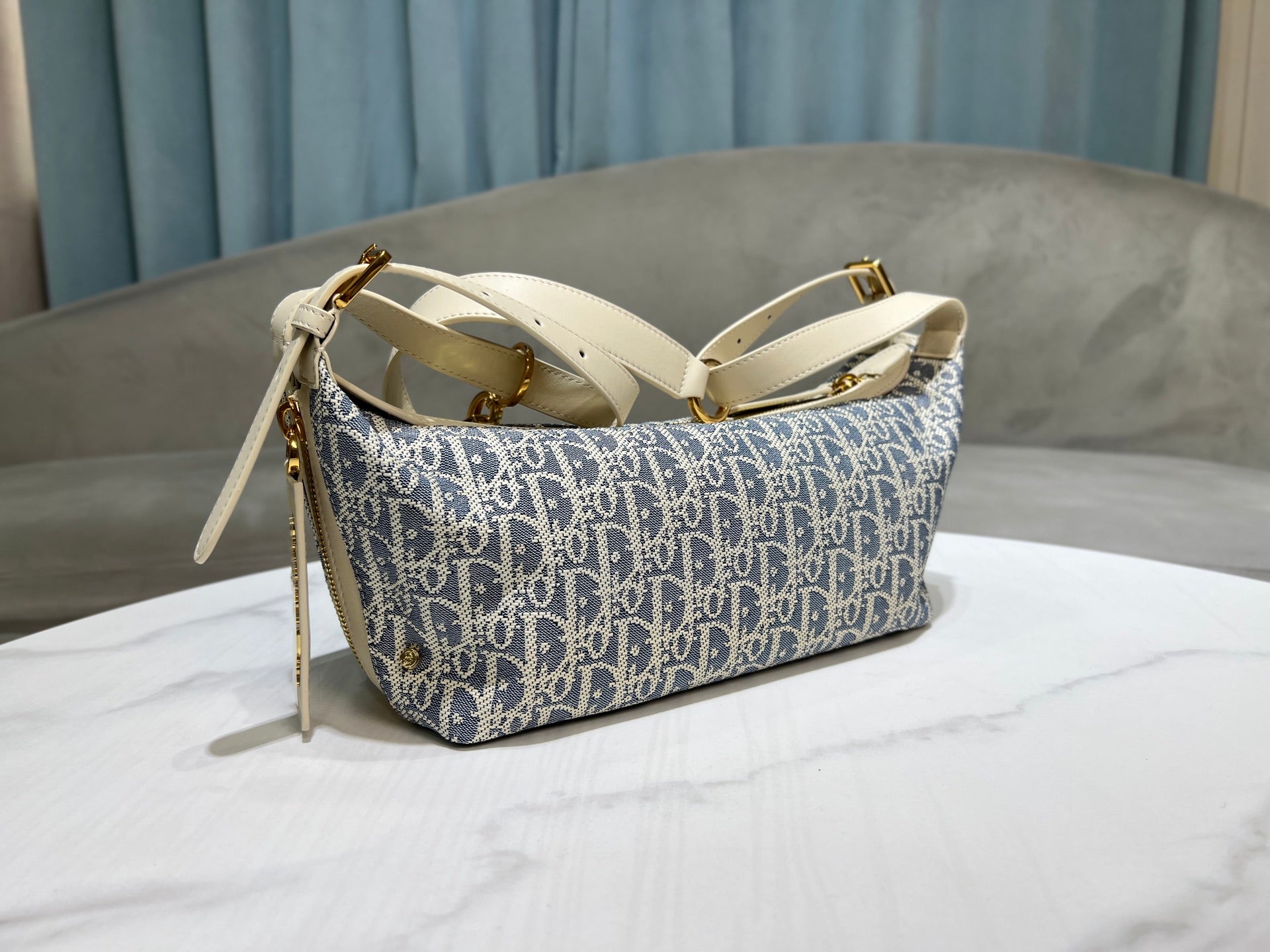 CD Jacquard Hobo Bag 26 With Chain Blue White Canvas mysite