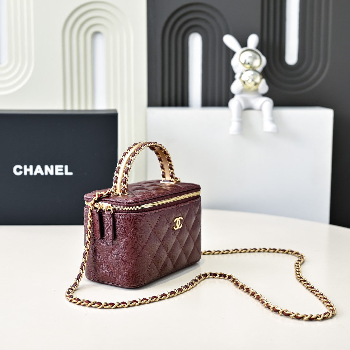 CC 24A Vanity Top Handle 16cm Burgundy Grained Calfskin Gold Hardware mysite