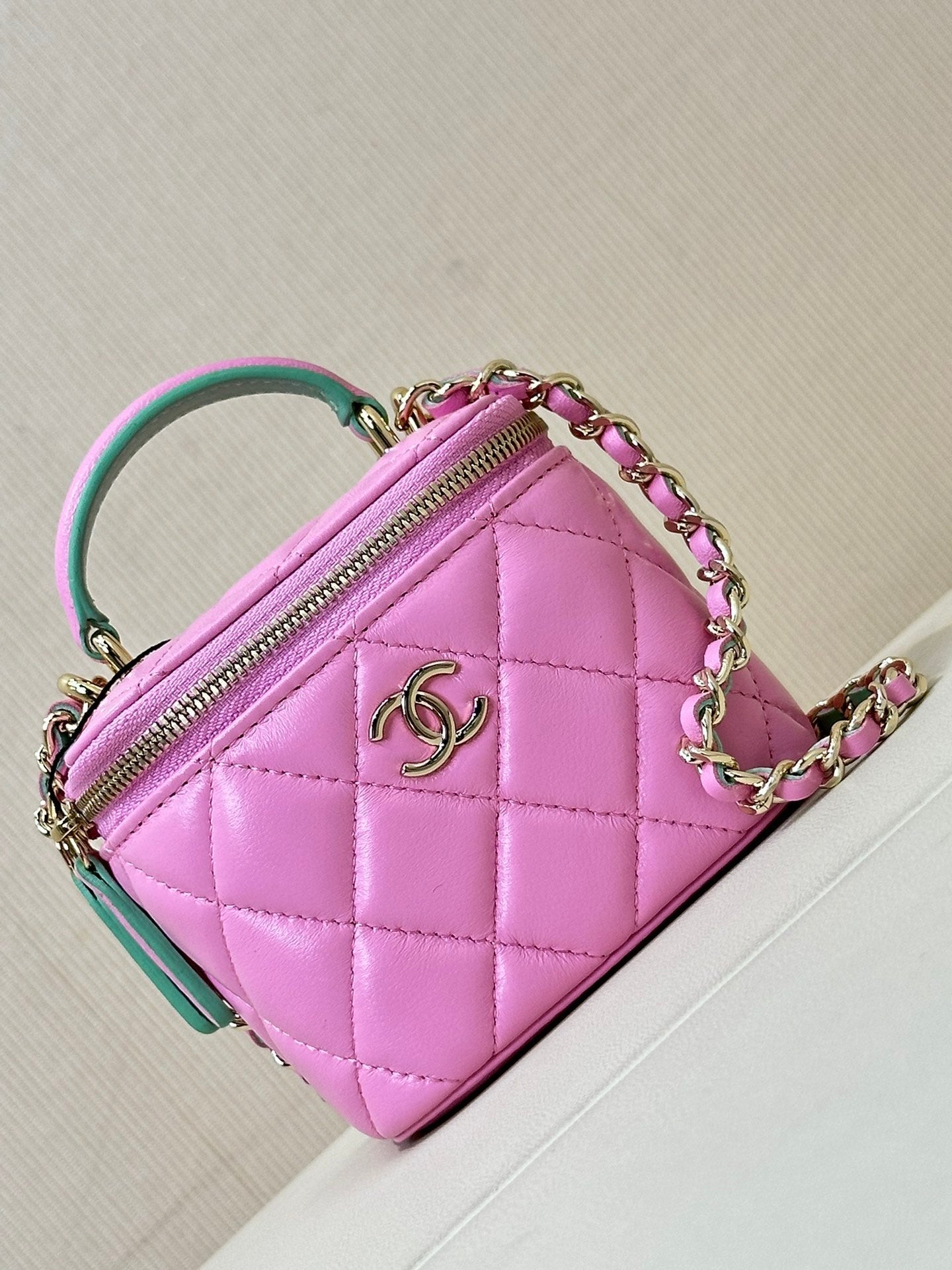 vanity shoulder bag top handle 10cm pink green lambskin mysite
