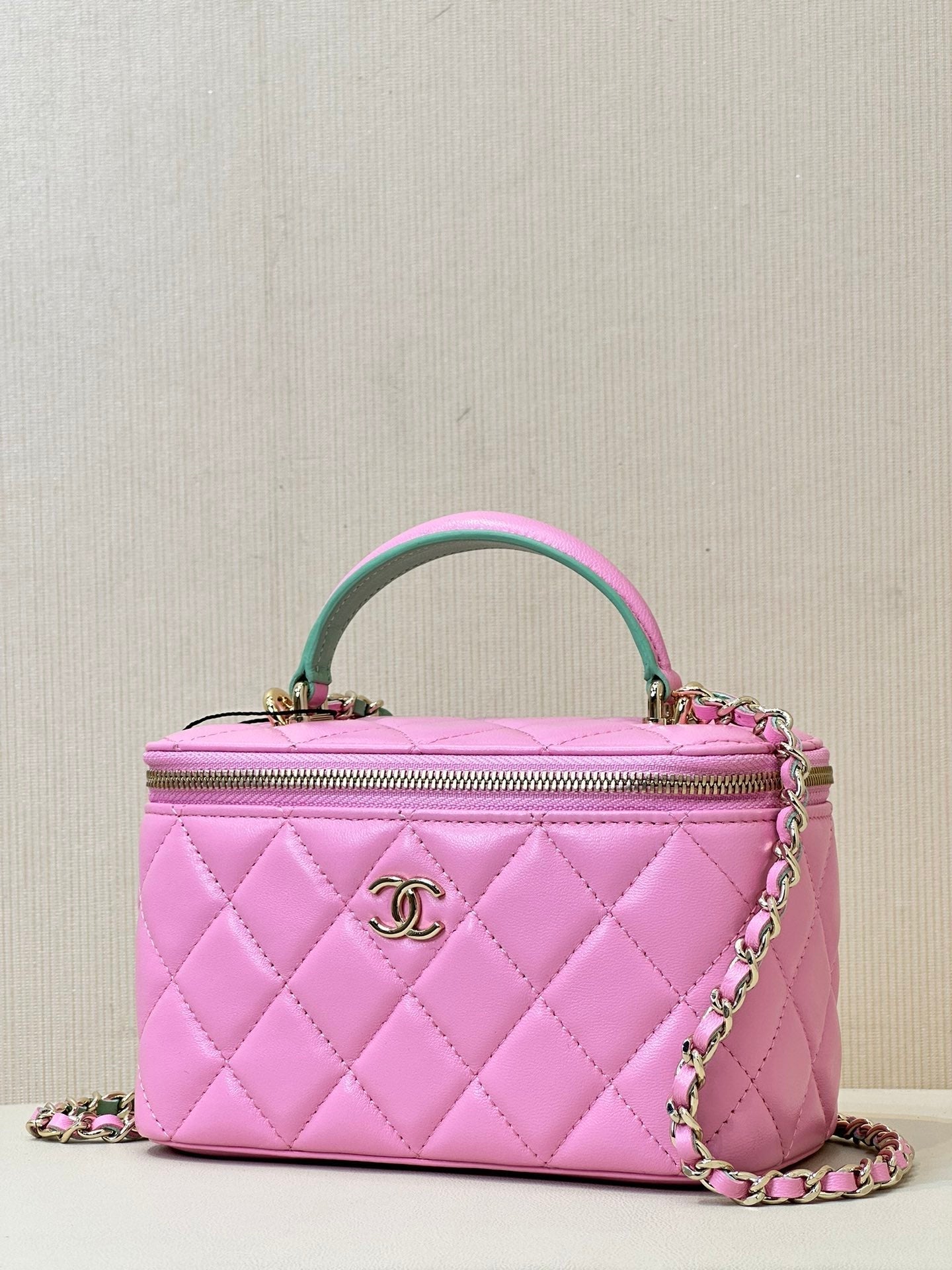 vanity shoulder bag top handle 17cm pink green lambskin mysite