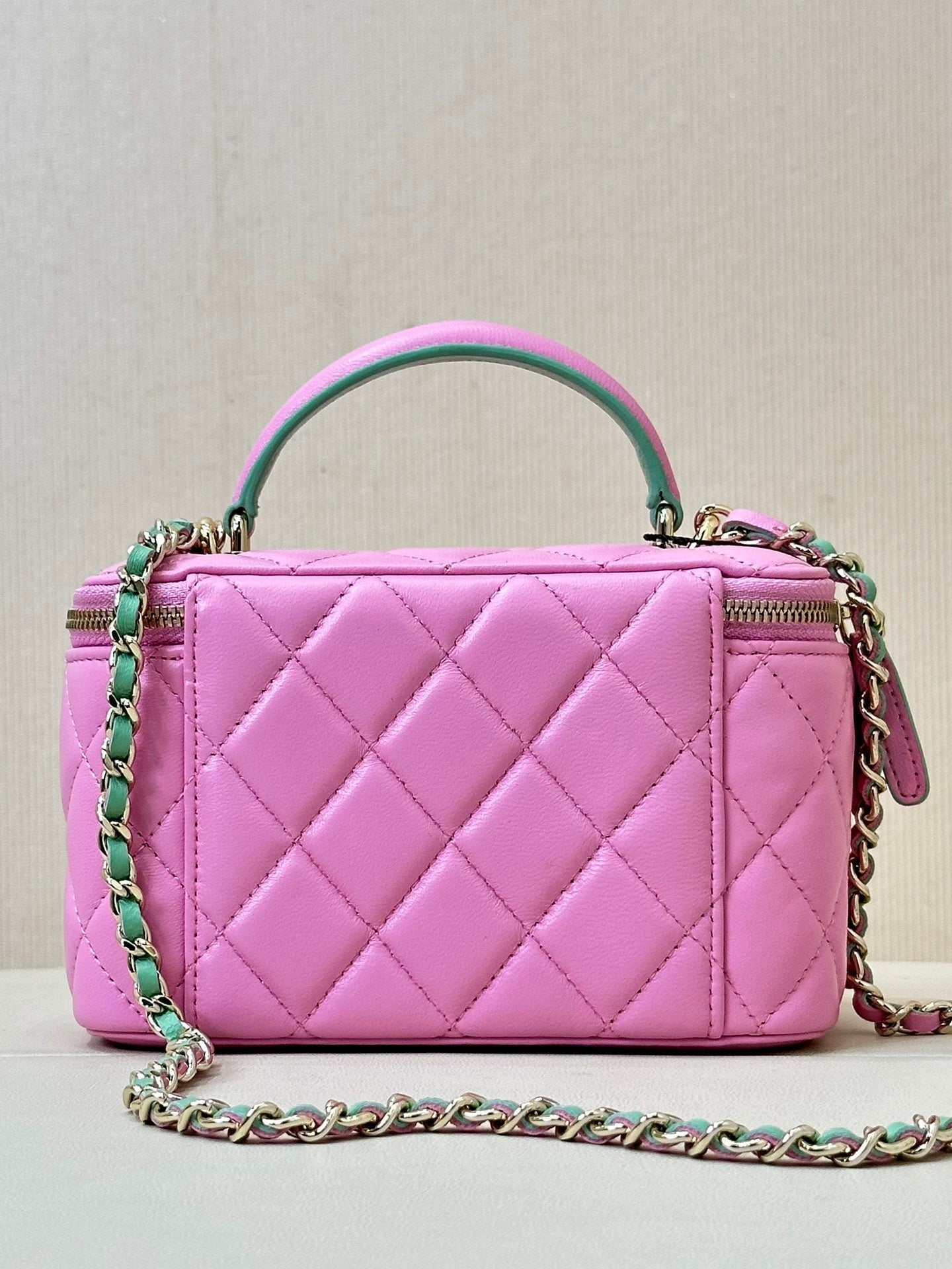 vanity shoulder bag top handle 17cm pink green lambskin mysite
