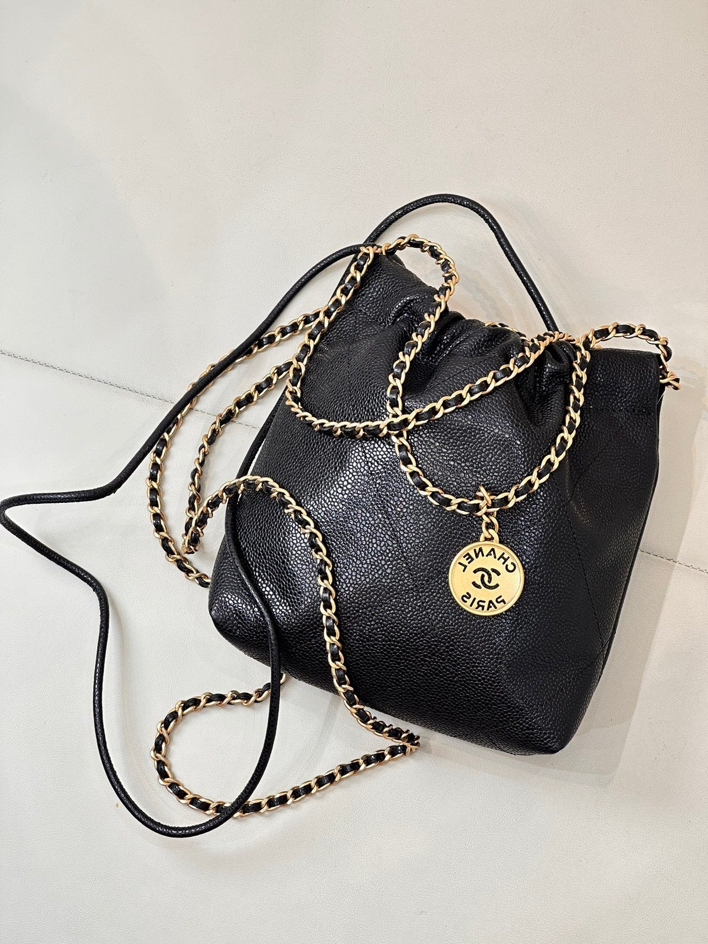 CC 22 Hobo Bag 19cm Black Grained Calfskin Gold Hardware mysite