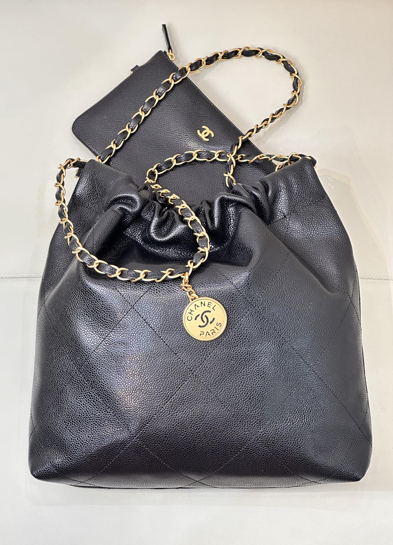 CC 22 Hobo Bag 35cm Black Grained Calfskin Gold Hardware mysite