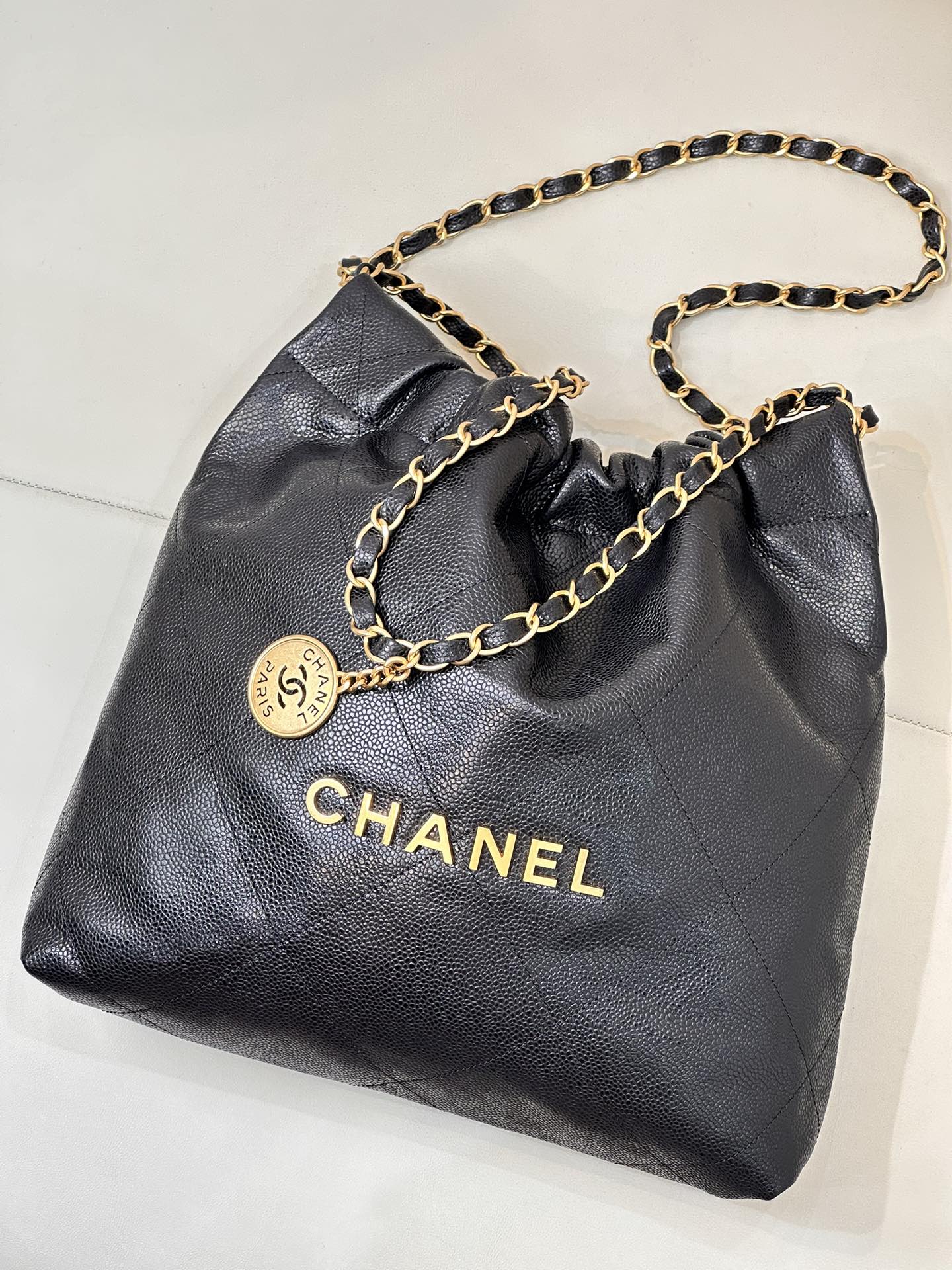 CC 22 Hobo Bag 35cm Black Grained Calfskin Gold Hardware mysite