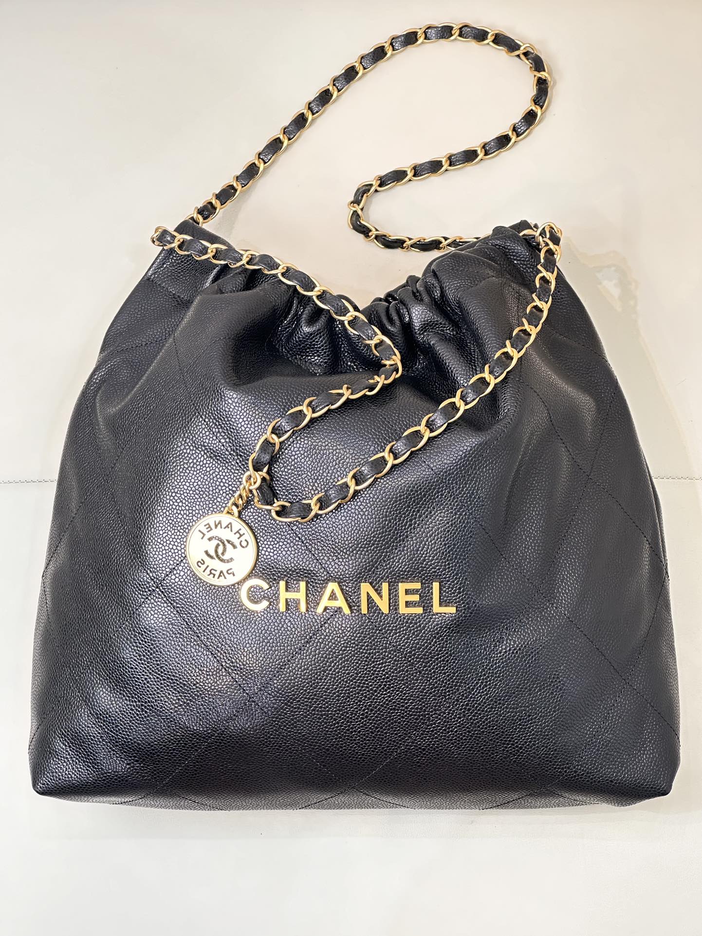 CC 22 Hobo Bag 42cm Black Grained Calfskin Gold Hardware mysite