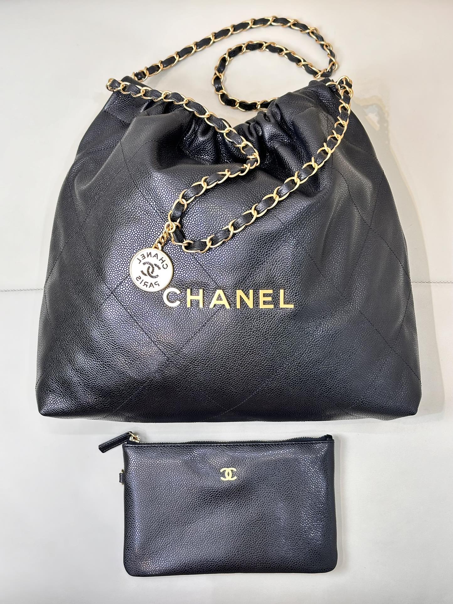 CC 22 Hobo Bag 42cm Black Grained Calfskin Gold Hardware mysite