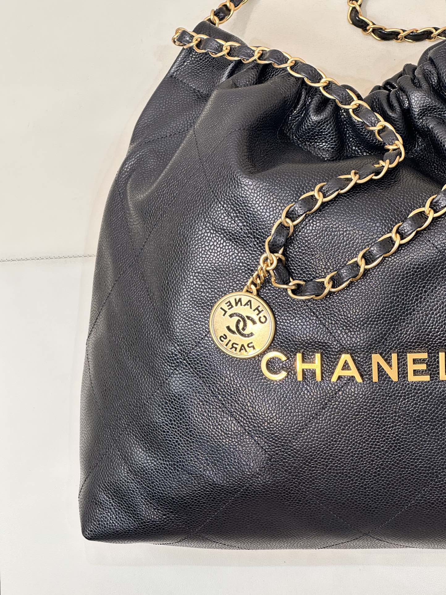 CC 22 Hobo Bag 42cm Black Grained Calfskin Gold Hardware mysite